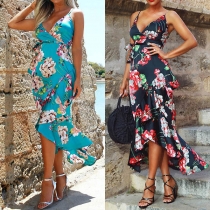 Sexy Backless V-neck Irregular Hem Printed Sling Dress