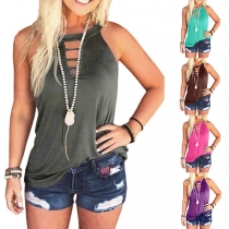 Fashion Solid Color Long Sleeve Round Neck Hollow Out Top