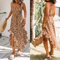 Sexy Backless V-neck Irregular Ruffle Hem Leopard Printed Sling Dress