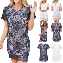 Fashion Short Sleeve Round Neck Slim Fit Lace Dress