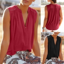 Fashion Solid Color Sleeveless V-neck Rivets Top