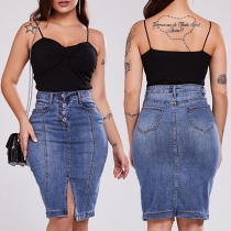 Fashion High Waist Slit Hem Slim Fit Denim Skirt