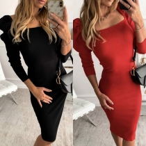 Sexy Square Collar Puff Sleeve Solid Color Slim Fit Dress