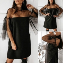 Sexy See-through Gauze Spliced 3/4 Sleeve Mock Neck Dress
