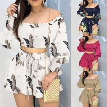 Sexy Boat Neck Lantern Sleeve Crop Top + Shorts Two-piece Set