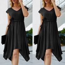 Fashion Solid Color Cap Sleeve V-neck Irregular Hem Dress