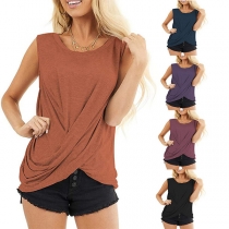 Fashion Solid Color Sleeveless Round Neck Twisted Hem T-shirt