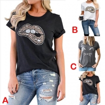 Chic Style Leopard Lip Printed Short Sleeve T-shirt