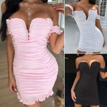 Sexy Off-shoulder V-neck Slim Fit Ruffle Dress