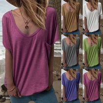 Casual Style Short Sleeve V-neck Solid Color T-shirt