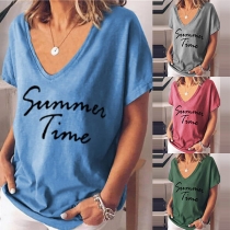 Fashion Letters Printed Short Sleeve V-neck T-shirt