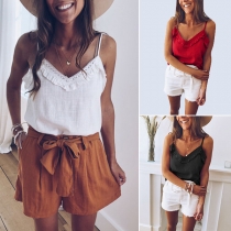 Sexy Backless V-neck Solid Color Ruffle Sling Top