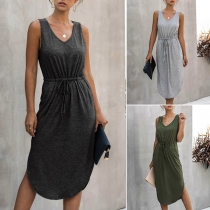 Fashion Solid Color Sleeveless V-neck Arc Hem Dress