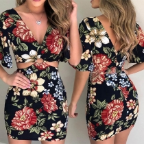 Sexy V-neck Hollow Out High Waist Slim Fit Printed Dress