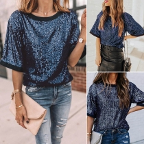 Fashion Short Sleeve Round Neck Sequin T-shirt