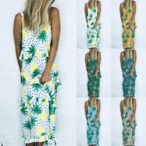 Sexy Backless Pineapple Printed  Sling Cake Dress