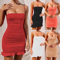 Sexy Backless Ruffle Hem Solid Color Slim Fit Sling Dress