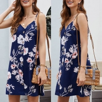 Sexy Backless V-neck Front-button Printed Sling Dress