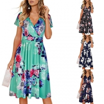 Fashion Short Sleeve V-neck High Waist Printed Dress