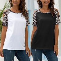 Sexy Off-shoulder Leopard Spliced Short Sleeve Round Neck T-shirt
