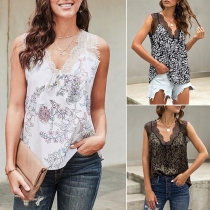 Sexy Lace Spliced V-neck Sleeveless Printed Top