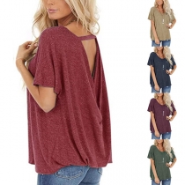 Sexy Backless Short Sleeve Round Neck Loose T-shirt