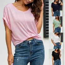 Fashion Solid Color Short Sleeve V-neck High-low Hem T-shirt