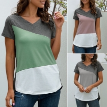 Fashion Contrast Color Short Sleeve V-neck T-shirt