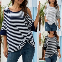 Casual Off-shoulder Half Sleeve Twisted Hem Striped T-shirt