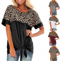 Fashion Leopard Spliced Short Sleeve Knotted Hem T-shirt