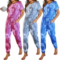 Fashion Tie-dye Printed Short Sleeve Round Neck Jumpsuit