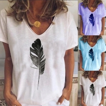 Fashion Feather Printed Short Sleeve V-neck T-shirt