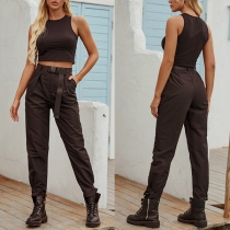 Retro Style High Waist Solid Color Casual Pants