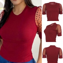 Fashion Dots Gauze Spliced Short Sleeve Round Neck T-shirt