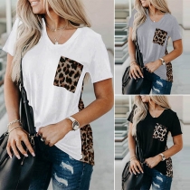 Fashion Leopard Spliced Short Sleeve V-neck T-shirt