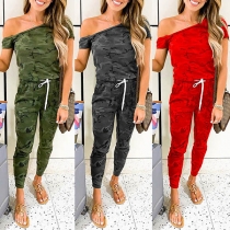 Sexy Oblique Shoulder Short Sleeve Camouflage Printed Jumpsuit