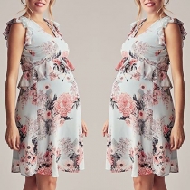 Sweet Style Lotus Sleeve Round Neck Printed Maternity Dress