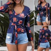 Fashion Long Sleeve V-neck Lace-up Printed Top