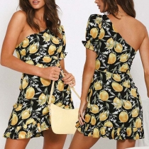 Sexy One-shoulder Short Sleeve Ruffle Hem Lemon Printed Dress