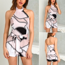 Sexy Backless High Waist Slim Fit Halter Printed Romper