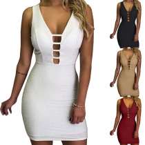 Sexy Deep V-neck Sleeveless Solid Color Slim Fit Dress