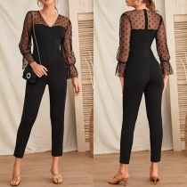 Sexy Dots Gauze Spliced Long Sleeve V-neck High Waist Jumpsuit