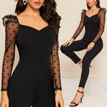 Sexy Dots Gauze Spliced Long Sleeve V-neck SLim Fit Jumpsuit
