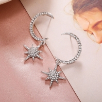Fashion Rhinestone Inlaid Star Pendant Crescent Shaped Stud Earrings