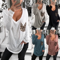 Fashion Long Sleeve V-neck Leopard Spliced T-shirt