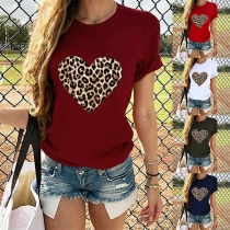 Fashion Leopard Heart Pattern Short Sleeve Round Neck T-shirt