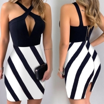 Sexy Backless Striped Spliced Hem Crossover Sling Dress