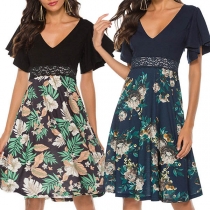 Fashion Lotus Sleeve V-neck High Waist Printed Dress