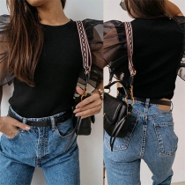 Fashion Gauze Spliced Puff Sleeve Round Neck Slim Fit T-shirt