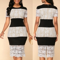 Sexy Lace Spliced Short Sleeve Round Neck Slim Fit Dress